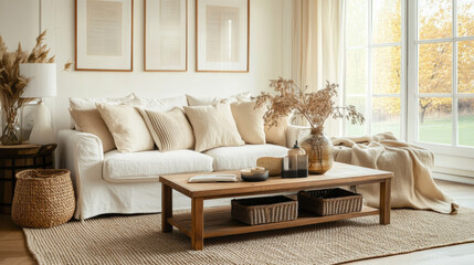 Fototapeta premium A cozy living room with a comfortable sofa and a coffee table, designed with a stylish touch.