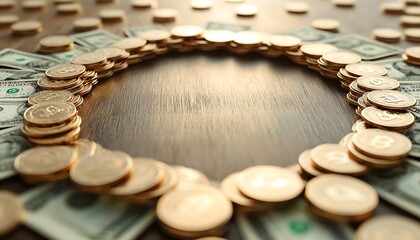 Pay day banner, dollar bills and coins arranged in a circle, payday celebration, 3D illustration