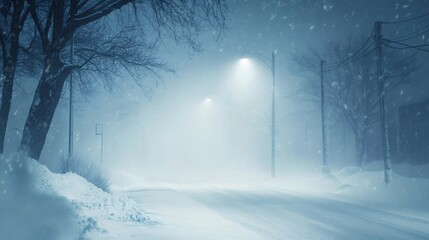 A snow-covered road with a street lamp illuminating the fog and a tree in the foreground.