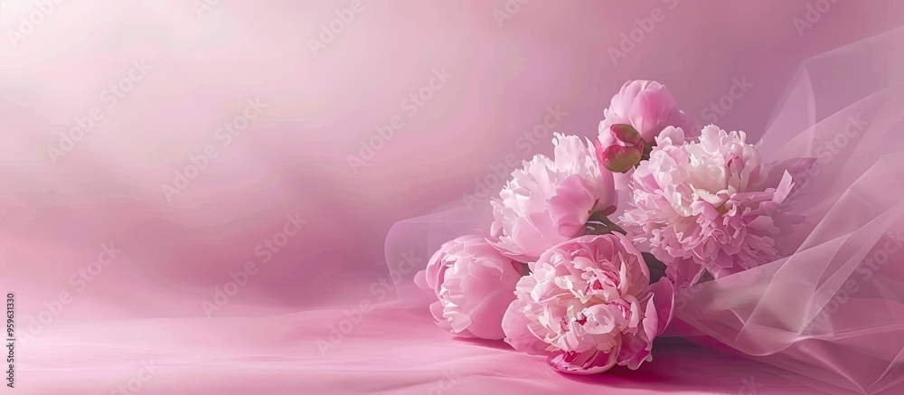 Sticker Light pink peony bouquet wrapped in tissue paper on a pink background with copyspace