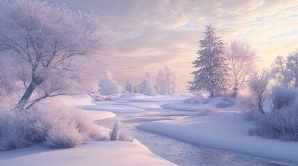 Obraz premium A winding river meanders through a winter wonderland of snow-covered trees and frosted brush.
