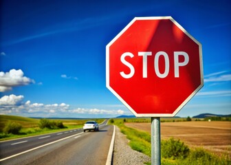 a photo image of a stop sign on a gray road against a blue sky with a car approaching in the background