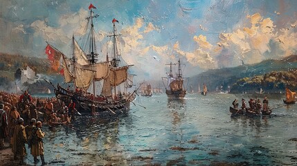 Historical painting of old ships docked in a busy harbor with people gathered onshore and mountains in the background.