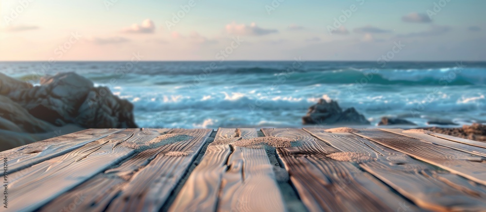 Poster wooden table with sand on it set against a backdrop of a wavy sea rocks and a clear sky. copy space 