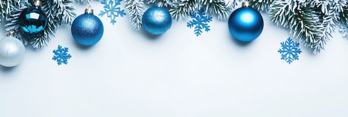 Blue Christmas Ornaments and Snow-Covered Pine Branches on White Background