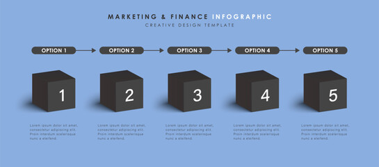 Infographic template and 5 options or steps. 3d black cubes. Workflow layout, diagram, banner, webdesign. Vector illustration