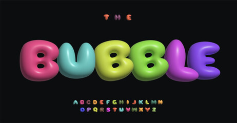 3D bubble alphabet, rainbow colored inflated plump letters, soft spherical typographic design. Vibrant colorful 3D typography for kid party logo, headline, text. Vector typeset.
