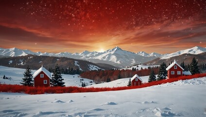 Fototapeta premium Red Christmas Background with Snowy Hills