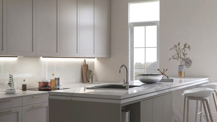 White marble kitchen island in modern, luxury kitchen with beige built in cabinet, cupboard in sunlight from window for interior design decoration, product background 3D