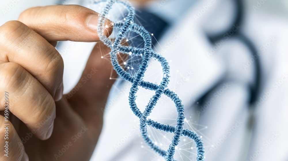 Wall mural a doctor in a white lab coat is touching the glowing blue dna strand icon on their finger surrounded