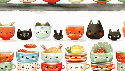 Cute kawaii bowls with funny faces. Seamless pattern with colorful illustration for kitchen decor, food packaging and textile design.