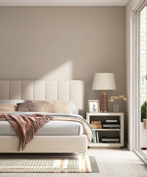Modern cream colored bed with bedside table, lamp in minimal, cozy bedroom in sunlight from window for luxury interior design decoration, product display background 3D