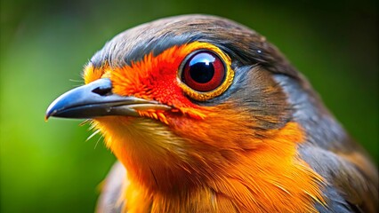 Close-up of a bird's intense expression with red-black beak and bright orange eye