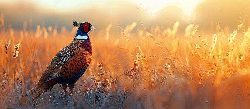 A male common pheasant is perched on a dry field during the golden hour. Copy space image. Place for adding text and design