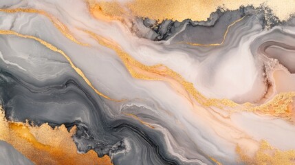Naklejka premium Abstract gray, pink, and gold marble background with flowing veins and gold glitter.