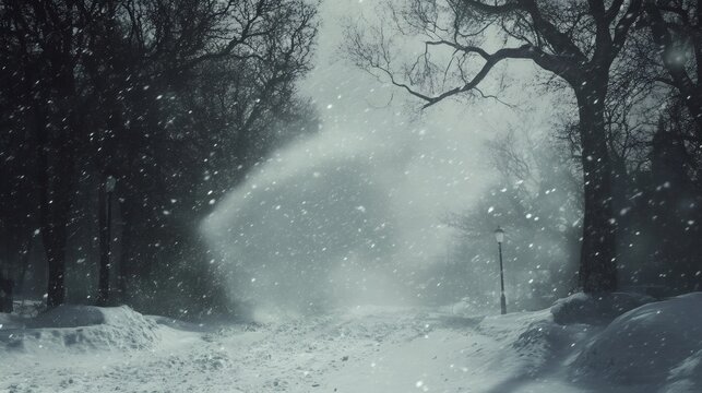 A snowy path through a forest with a snowstorm swirling around it.