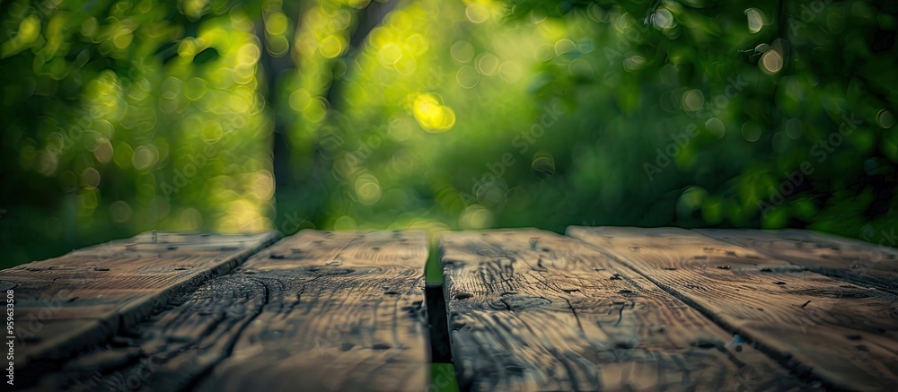Poster close up image of a wooden table with a blurred green natural background. copy space image. place fo