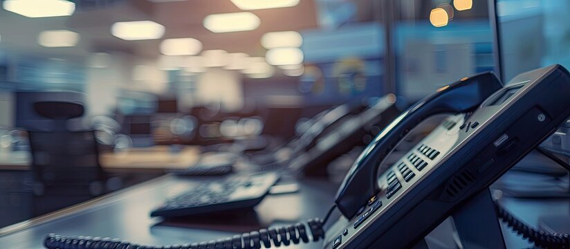 Close up soft focus on telephone devices with copyspace background at an office desk in an operations room for customer service support call center concept