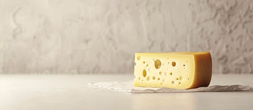 Large Chunk Wedge of Creamy Light Yellow Tilsit Cheese from the Alps on a White Background Features Texture with Cracks and Holes Minimalist Design Poster Banner Template with Copy Space
