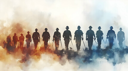 Silhouette of soldiers walking through a misty landscape.