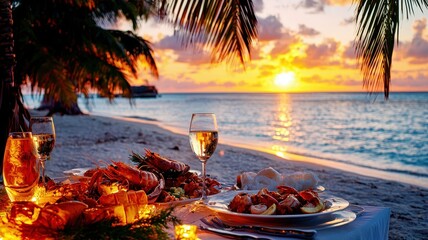 A romantic beach dinner set against a stunning sunset, featuring gourmet seafood, tropical drinks, and a peaceful ocean backdrop.