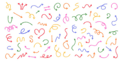 Chalk scribble arrows set. Collection of handdrawn crayon line elements.