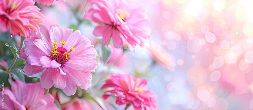 Wall mural Blurred lovely pink zinnia flowers with soft colors for background. Copy space image. Place for adding text and design