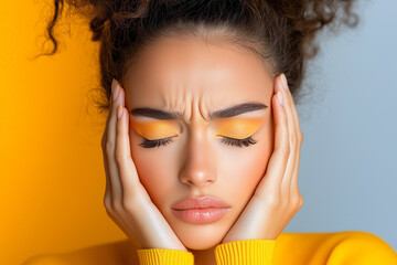 Fototapeta premium A woman with a yellow shirt is holding her head in her hands. She has dark brown hair and is wearing orange eye shadow