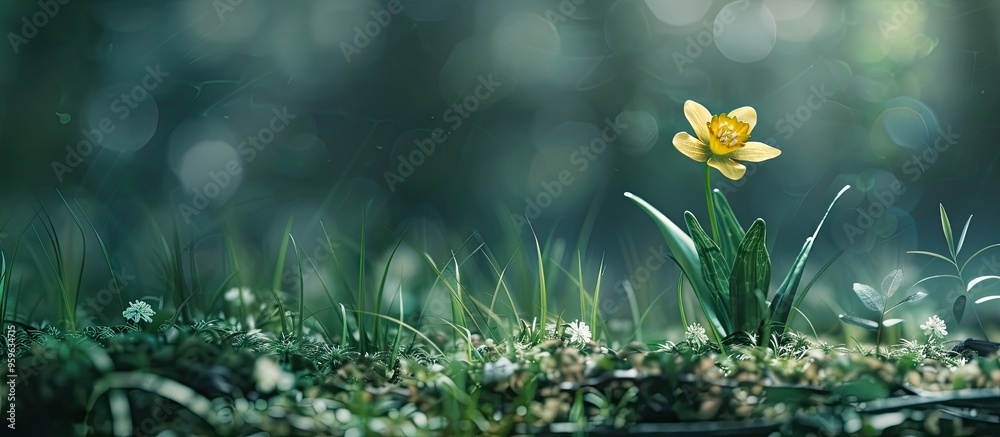 Poster spring backdrop featuring a yellow flower. copy space image. place for adding text and design