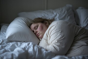 Overweight person in deep sleep, lying comfortably on their side. Suitable for sleep, rest, and relaxation themes. With copy space.