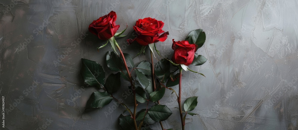 Poster Three red roses set against a gray background Copy space