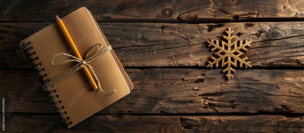Poster there is a diary a pencil and a golden snowflake on a wooden surface. copy space image. place for ad