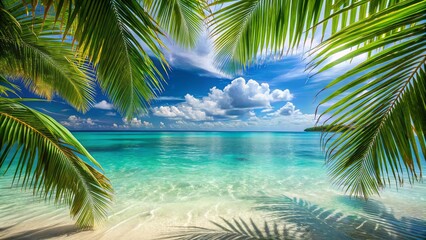 Fototapeta premium Idyllic tropical beach with crystal clear turquoise waters framed by lush palm leaves