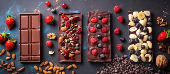 Handcrafted chocolate bars featuring fruits berries and nuts against a colorful backdrop. Copy space image. Place for adding text and design