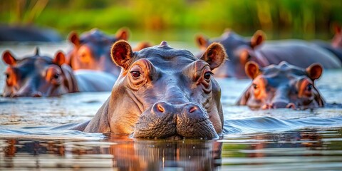 Fototapeta premium Close-up of a hippo submerged in water with other hippos in the background