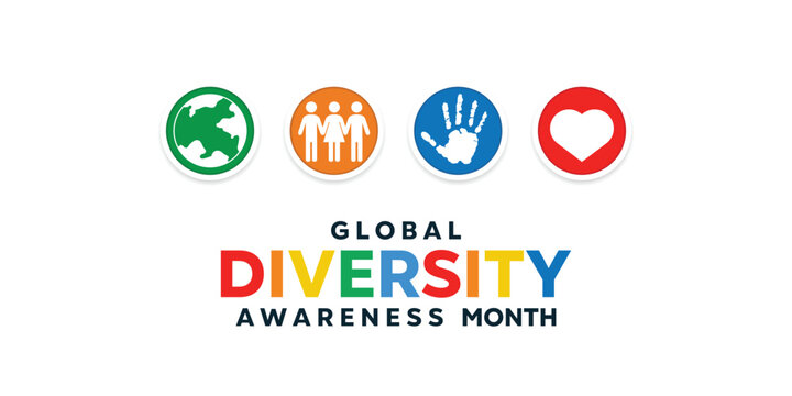 Global Diversity Awareness Month. Earth, people, hand and heart. Great for cards, banners, posters, social media and more. White background.