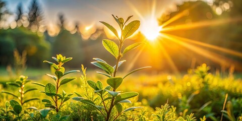 Obraz premium Close-up of a plant in a field with sun rays filtering through trees in the background