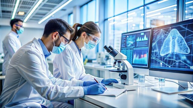 Scientists using AI to monitor cell growth in bioengineered tissues in a sterile laboratory