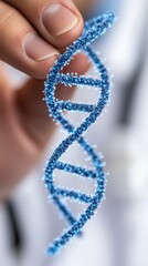 A doctor in a white lab coat is touching the glowing blue DNA strand icon on their finger surrounded by connected lines and medical symbols forming a digital network in a hightech style The background