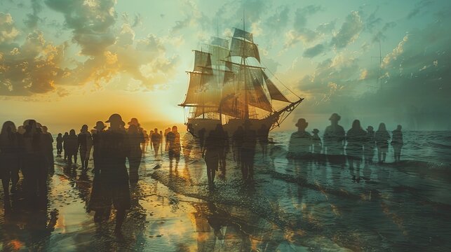 Silhouettes of people gather on the shore at sunset as a tall ship sails in the distance. A blend of nostalgia and adventure.
