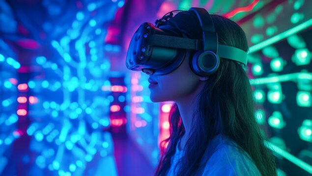 portrait of woman in VR headset in immersive experience room, neon lights 