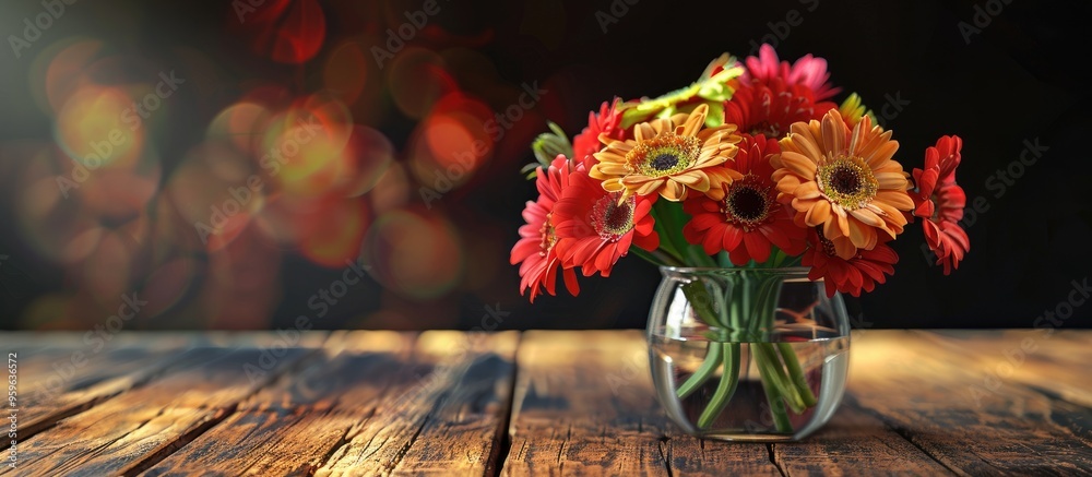 Sticker A lovely bouquet of flowers in a glass vase placed on a wooden table Gerberas. Copy space image. Place for adding text and design