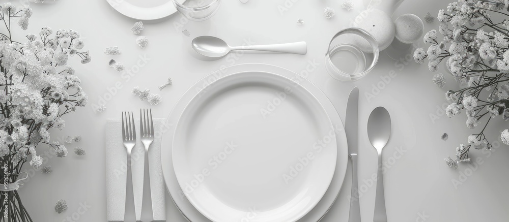 Poster Beautifully arranged table setting on a light background top view. Copy space image. Place for adding text and design