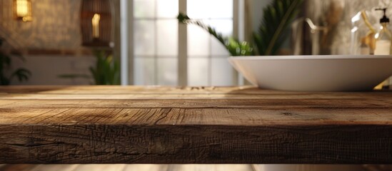 Wood tabletop against a blurred bathroom background crucial for design visual layout. Copy space image. Place for adding text and design
