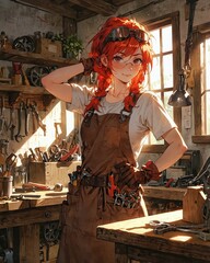 Fototapeta premium Young Female Carpenter in Sunlit Workshop with Tools and Equipment