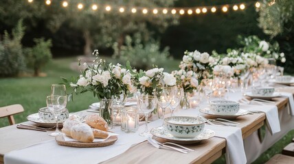 Fototapeta premium A garden party with string lights, tables set with flowers and fine china