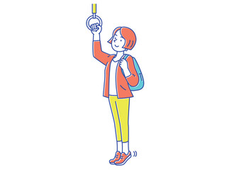 通勤中につり革でストレッチする女性