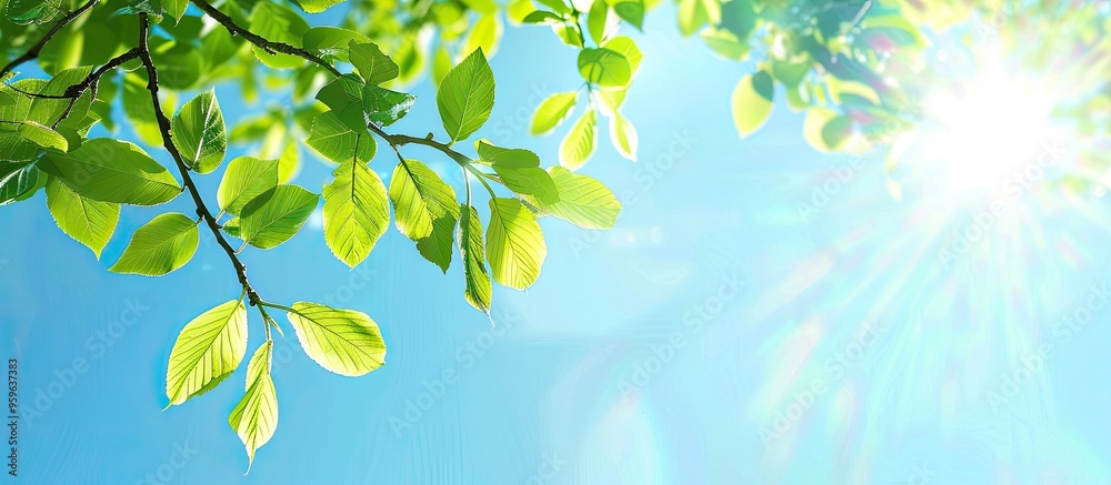 Canvas Prints tree branch with leaves set against a blue sunny sky summer backdrop with copy space