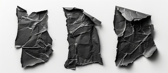 a collection of torn fragments of aged black paper on a white background copyspace for an advertising message