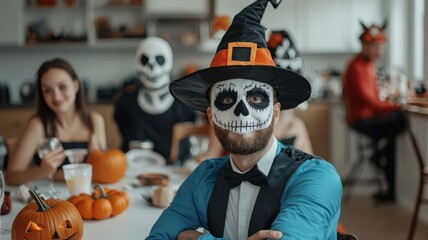 A group of people in costumes at a Halloween party, spooky fun